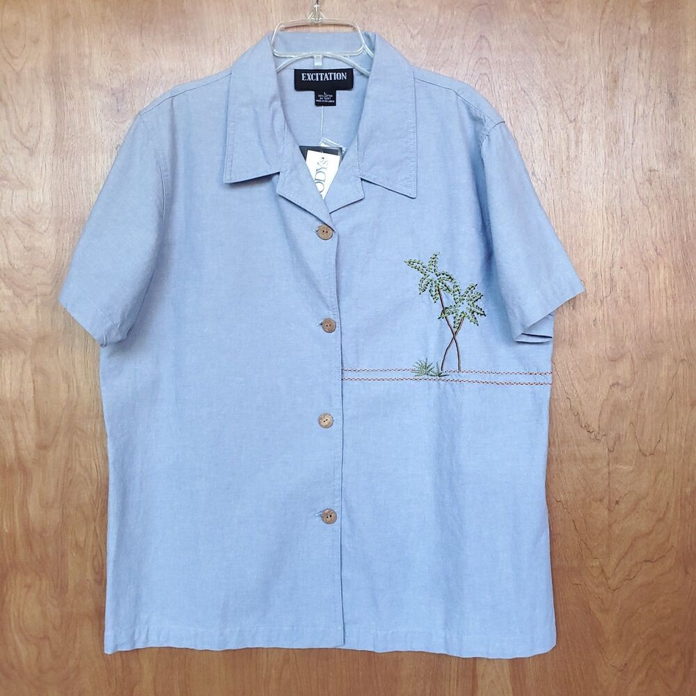VTG 90s Chambray Shirt Womens L Embroidered Palm Tree Grandma Cottagecore Brunch